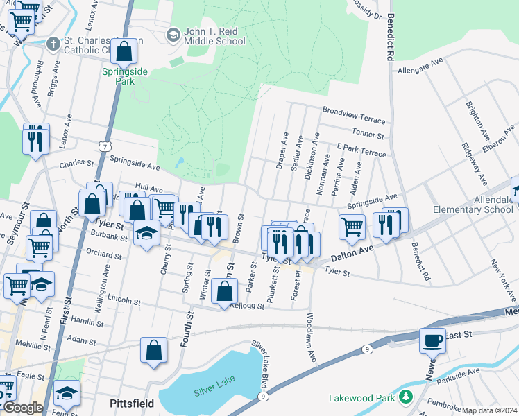 map of restaurants, bars, coffee shops, grocery stores, and more near 119 Parker Street in Pittsfield