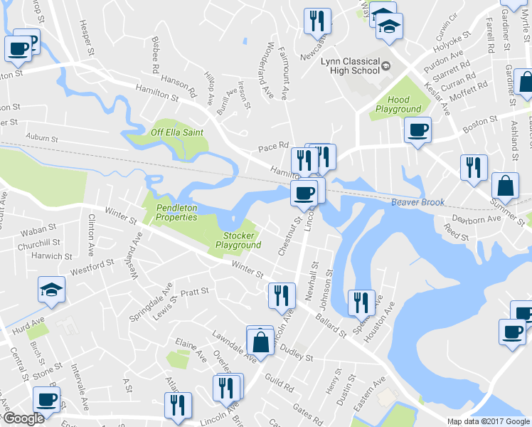 map of restaurants, bars, coffee shops, grocery stores, and more near 19 Atkinson Drive in Saugus