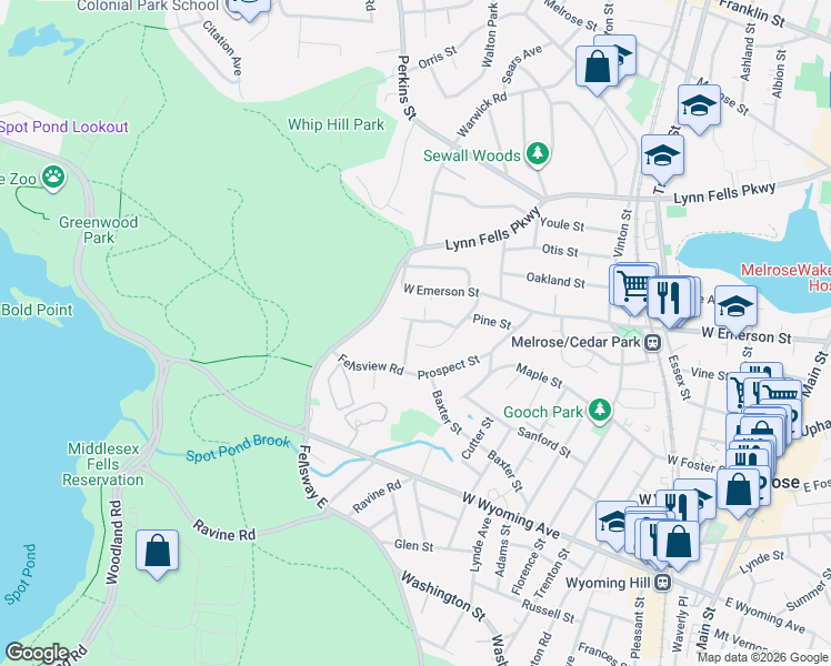 map of restaurants, bars, coffee shops, grocery stores, and more near 33 Standish Road in Melrose