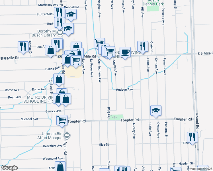 map of restaurants, bars, coffee shops, grocery stores, and more near 22333 Ira Boulevard in Warren