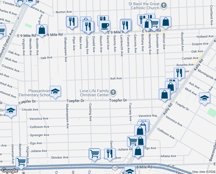 map of restaurants, bars, coffee shops, grocery stores, and more near 21801 David Avenue in Eastpointe
