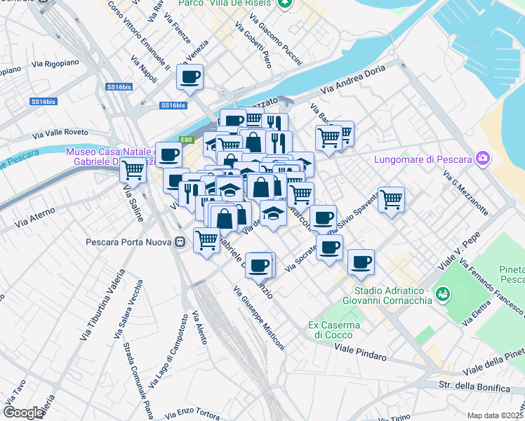 map of restaurants, bars, coffee shops, grocery stores, and more near 56 Via dei Peligni in Pescara