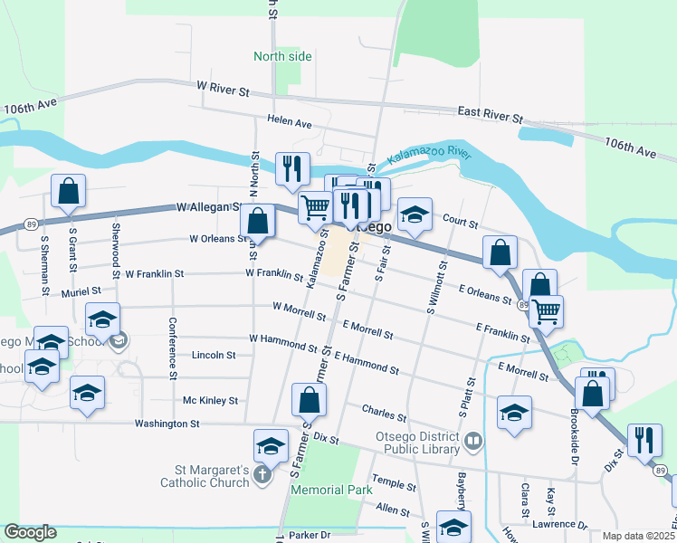 map of restaurants, bars, coffee shops, grocery stores, and more near 214 South Farmer Street in Otsego
