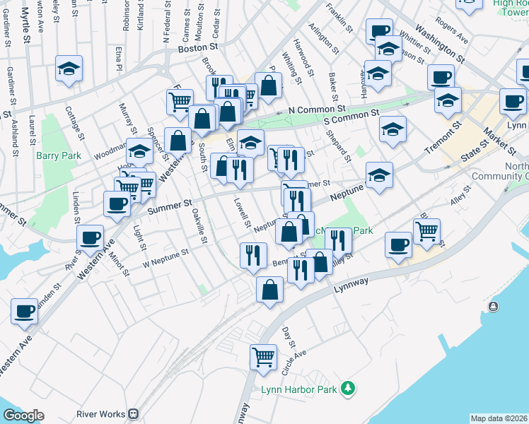 map of restaurants, bars, coffee shops, grocery stores, and more near 32 South Elm Street in Lynn