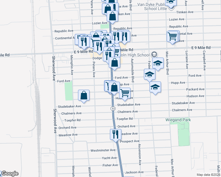 map of restaurants, bars, coffee shops, grocery stores, and more near 22235 Van Dyke Avenue in Warren