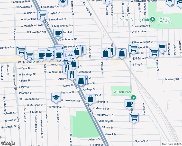 map of restaurants, bars, coffee shops, grocery stores, and more near 356 East Saratoga Street in Ferndale