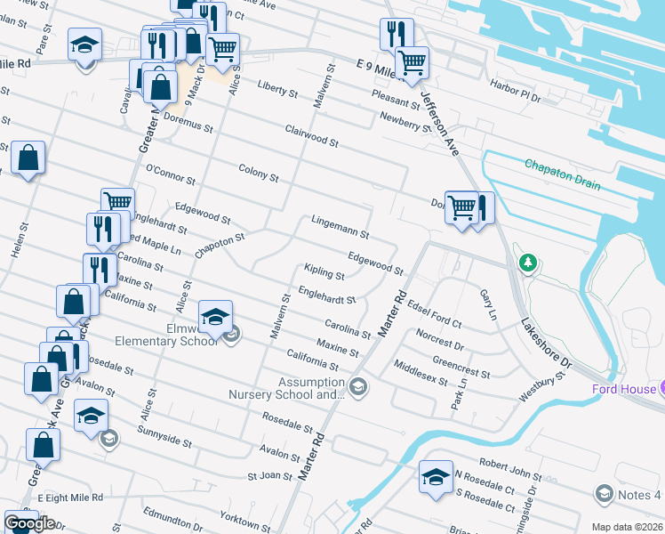 map of restaurants, bars, coffee shops, grocery stores, and more near 22587 Kipling Street in St. Clair Shores