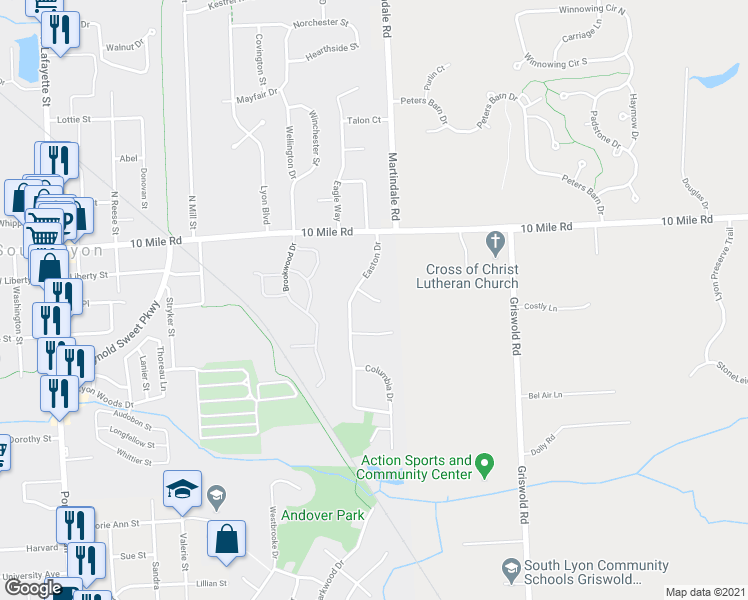 map of restaurants, bars, coffee shops, grocery stores, and more near 817 Fairhaven Drive in South Lyon