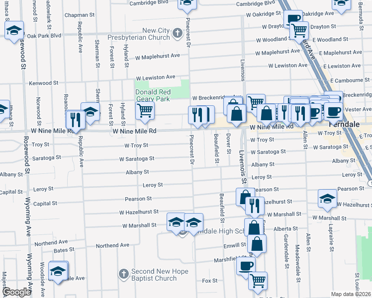 map of restaurants, bars, coffee shops, grocery stores, and more near 1633 Pinecrest Drive in Ferndale