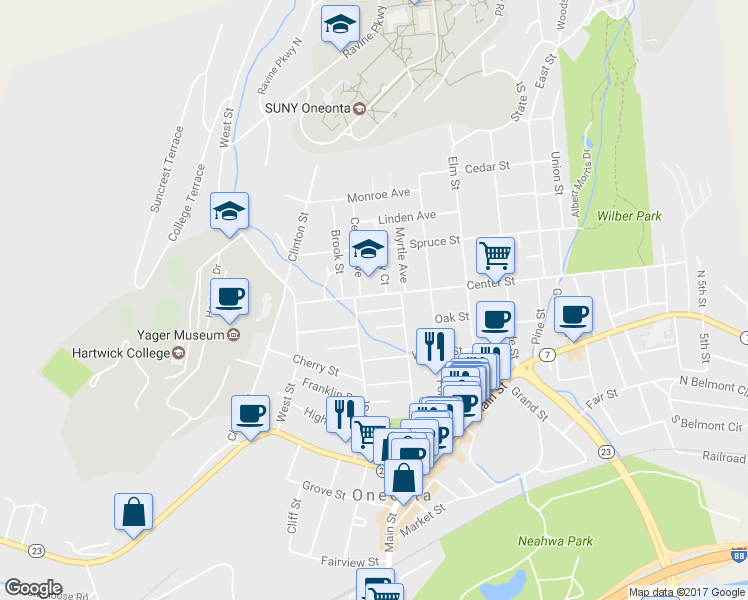 map of restaurants, bars, coffee shops, grocery stores, and more near 36 Center Street in Oneonta