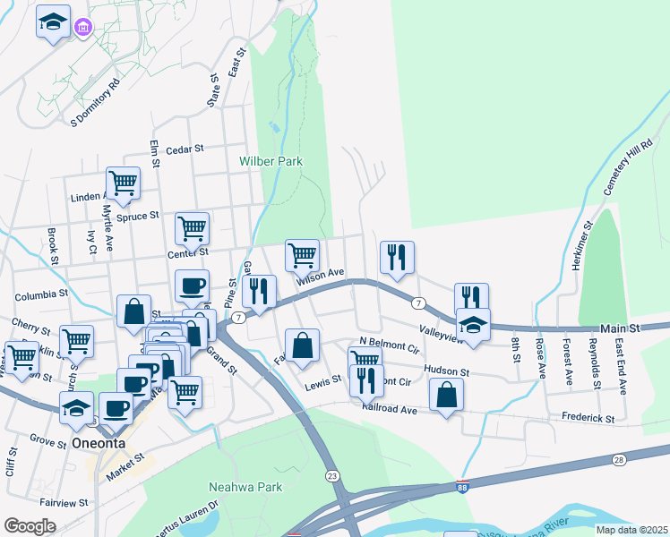 map of restaurants, bars, coffee shops, grocery stores, and more near 2 Taft Avenue in Oneonta