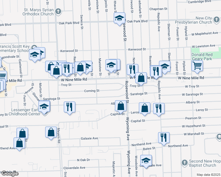map of restaurants, bars, coffee shops, grocery stores, and more near 10140 Corning Street in Oak Park