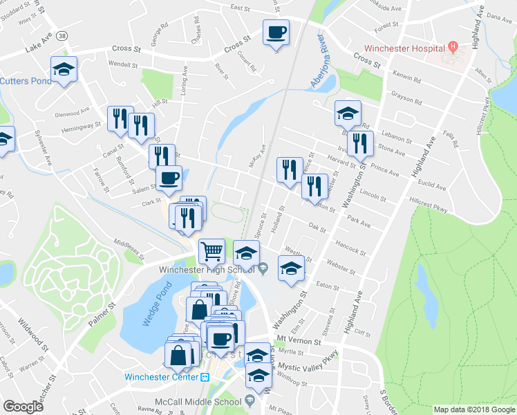 map of restaurants, bars, coffee shops, grocery stores, and more near 84 Oak Street in Winchester