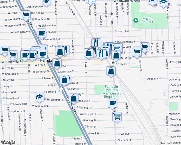 map of restaurants, bars, coffee shops, grocery stores, and more near 542 East Saratoga Street in Ferndale