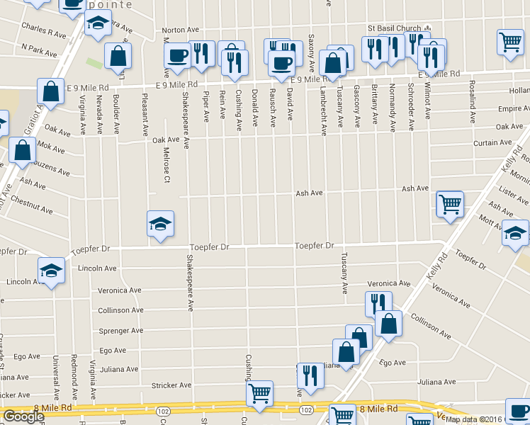 map of restaurants, bars, coffee shops, grocery stores, and more near 21800 Donald Avenue in Eastpointe