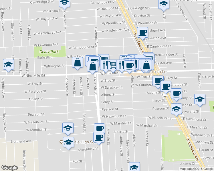 map of restaurants, bars, coffee shops, grocery stores, and more near 640 West Saratoga Street in Ferndale