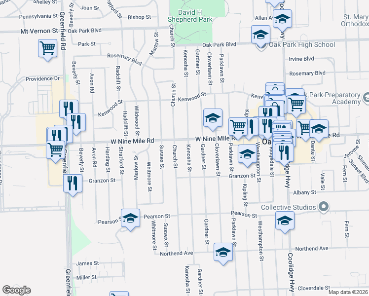 map of restaurants, bars, coffee shops, grocery stores, and more near 22190 Church Street in Oak Park