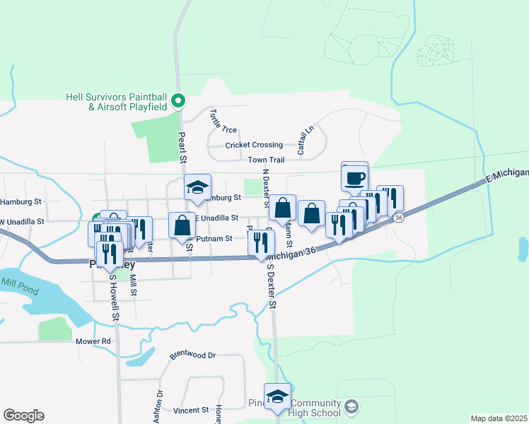 map of restaurants, bars, coffee shops, grocery stores, and more near 845 East Unadilla Street in Pinckney