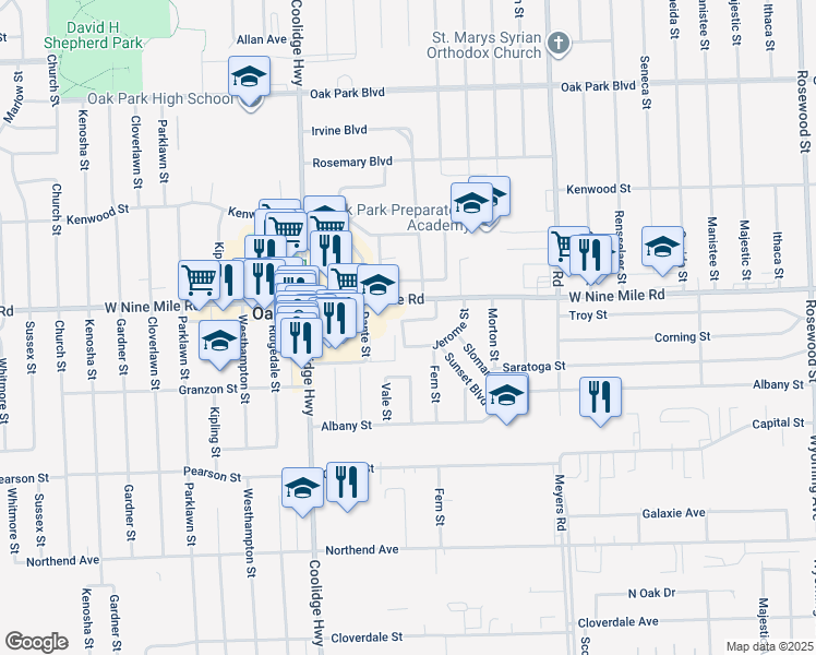 map of restaurants, bars, coffee shops, grocery stores, and more near 13235 Troy Street in Oak Park