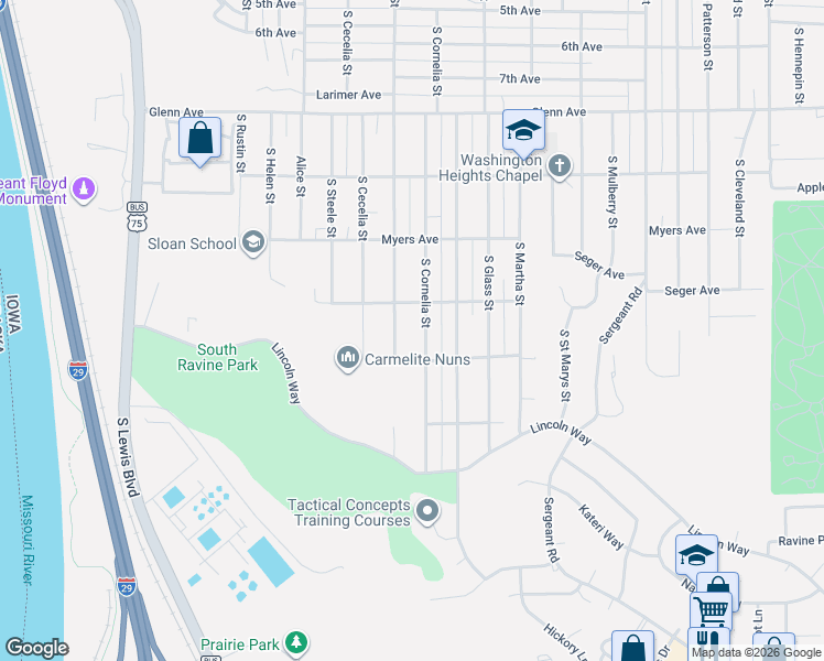 map of restaurants, bars, coffee shops, grocery stores, and more near 2800-2824 South Cornelia Street in Sioux City