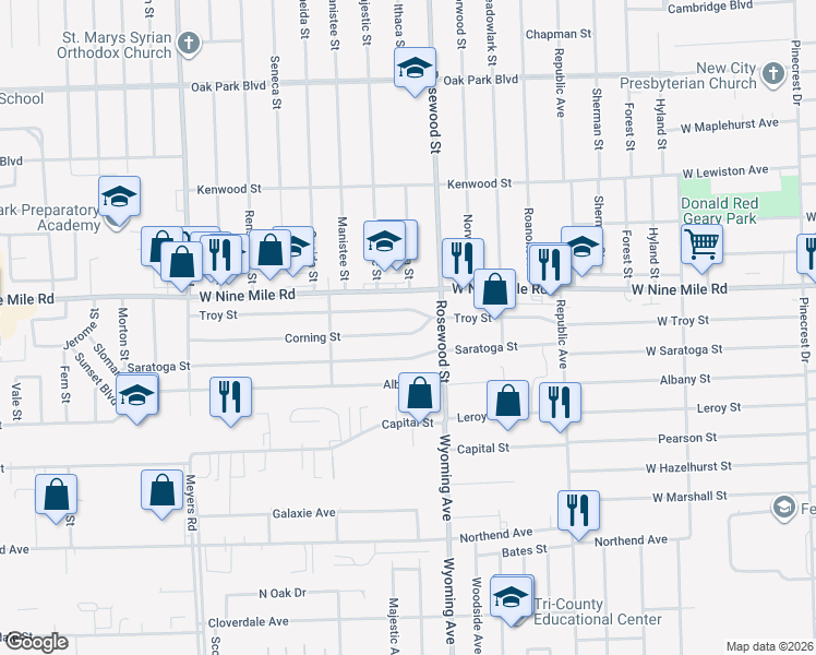 map of restaurants, bars, coffee shops, grocery stores, and more near 10010 Corning Street in Oak Park
