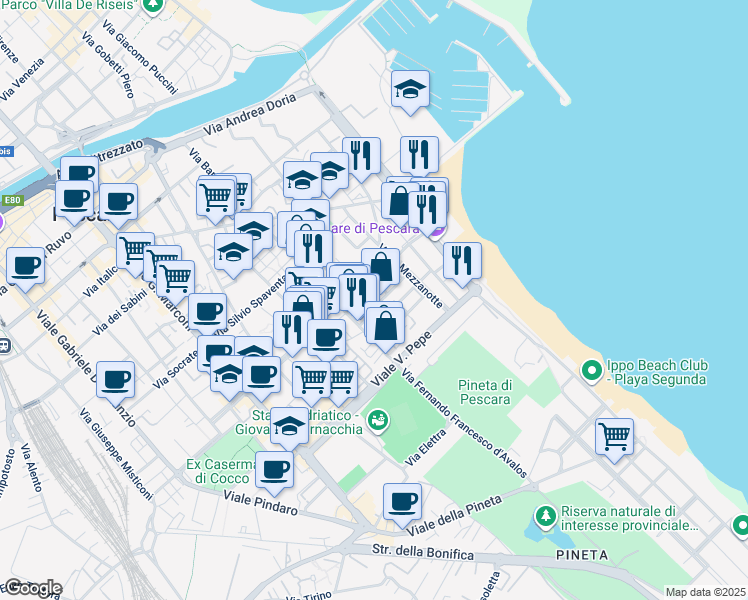 map of restaurants, bars, coffee shops, grocery stores, and more near 34 Via Beato Nunzio Sulprizio in Pescara