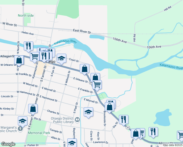 map of restaurants, bars, coffee shops, grocery stores, and more near 127 Edsell Street in Otsego