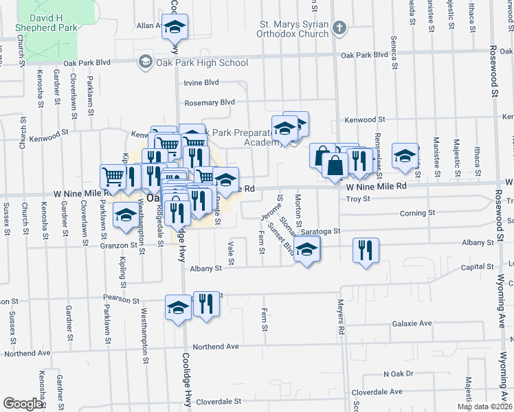 map of restaurants, bars, coffee shops, grocery stores, and more near 22121 Jerome Street in Oak Park
