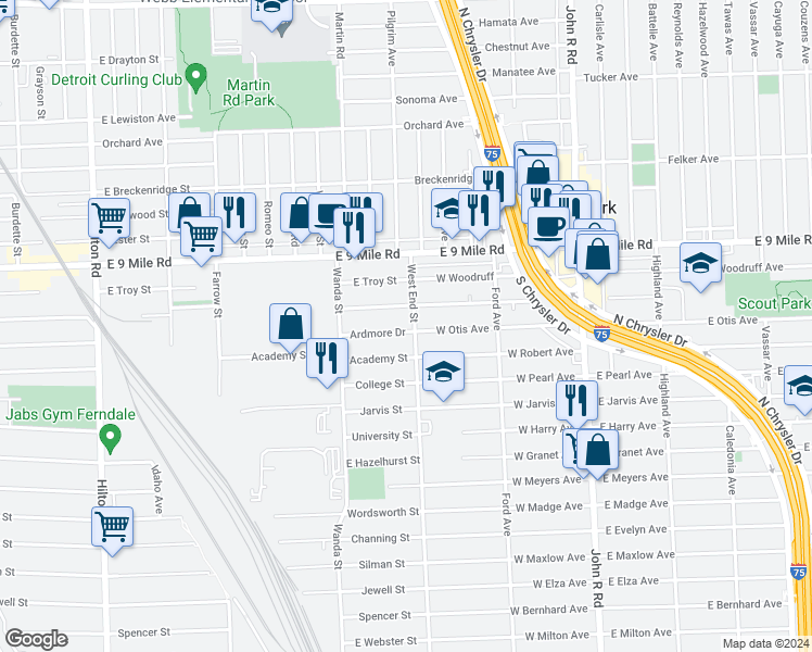 map of restaurants, bars, coffee shops, grocery stores, and more near 1999 Ardmore Drive in Ferndale