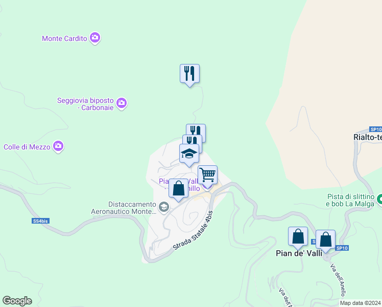 map of restaurants, bars, coffee shops, grocery stores, and more near 6 Via dei Licheni in Pian De' Valli