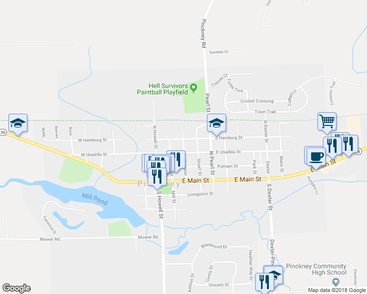 map of restaurants, bars, coffee shops, grocery stores, and more near 339 Webster in Pinckney