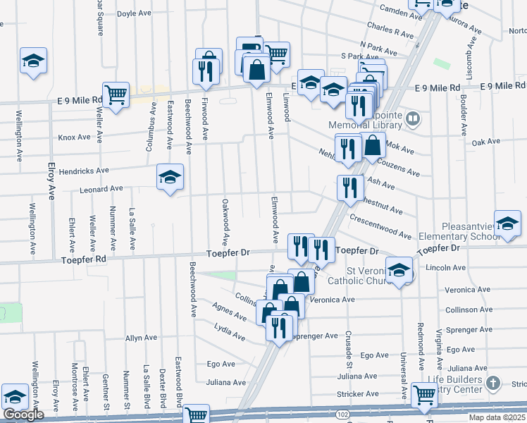 map of restaurants, bars, coffee shops, grocery stores, and more near 21926 Hayes Avenue in Eastpointe