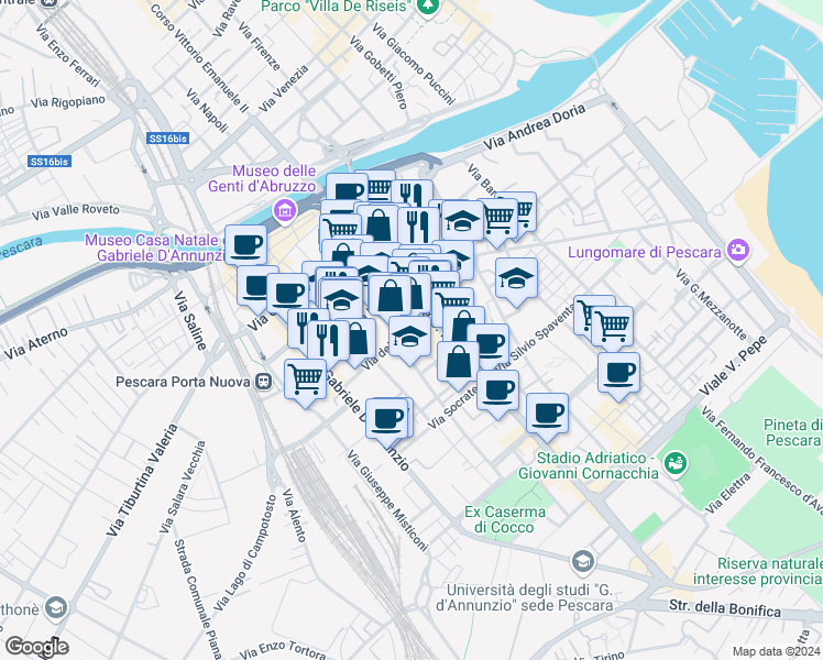 map of restaurants, bars, coffee shops, grocery stores, and more near 15 Via dei Sabini in Pescara