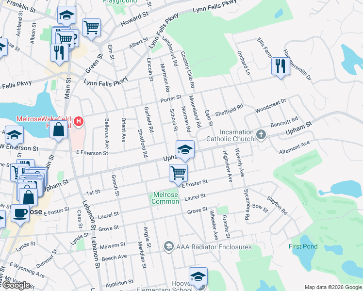 map of restaurants, bars, coffee shops, grocery stores, and more near 15 School Street in Melrose