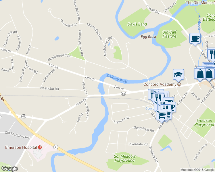 map of restaurants, bars, coffee shops, grocery stores, and more near 35 River Street in Concord