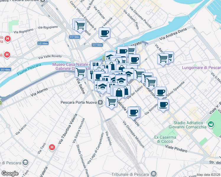 map of restaurants, bars, coffee shops, grocery stores, and more near 90 Viale Vittoria Colonna in Pescara