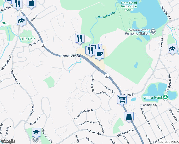 map of restaurants, bars, coffee shops, grocery stores, and more near 416 Cambridge Street in Winchester