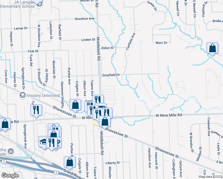 map of restaurants, bars, coffee shops, grocery stores, and more near b21 B Street in Farmington Hills