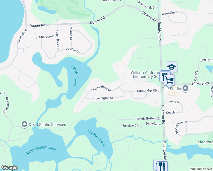 map of restaurants, bars, coffee shops, grocery stores, and more near 11987 Shenandoah Drive in South Lyon