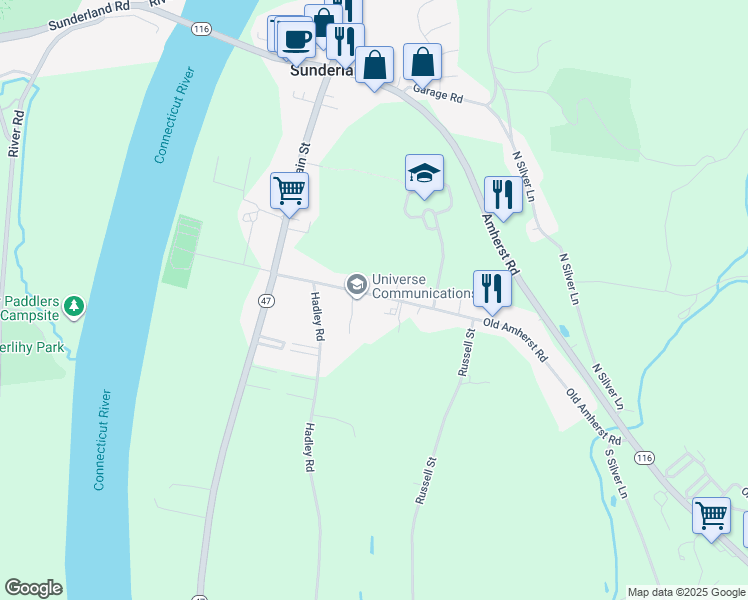 map of restaurants, bars, coffee shops, grocery stores, and more near 39 Old Amherst Road in Sunderland