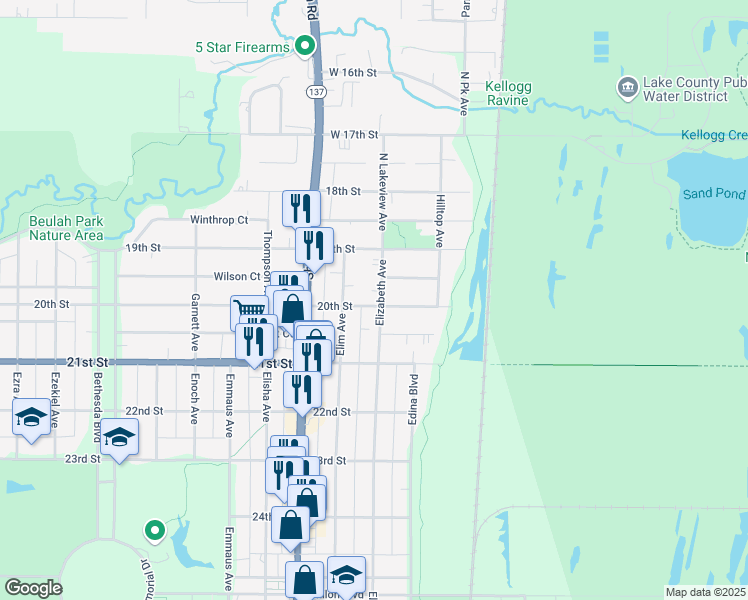 map of restaurants, bars, coffee shops, grocery stores, and more near 1924 Elizabeth Avenue in Zion