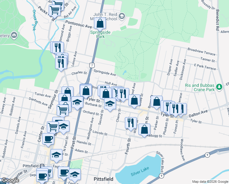 map of restaurants, bars, coffee shops, grocery stores, and more near 75 Stoddard Avenue in Pittsfield