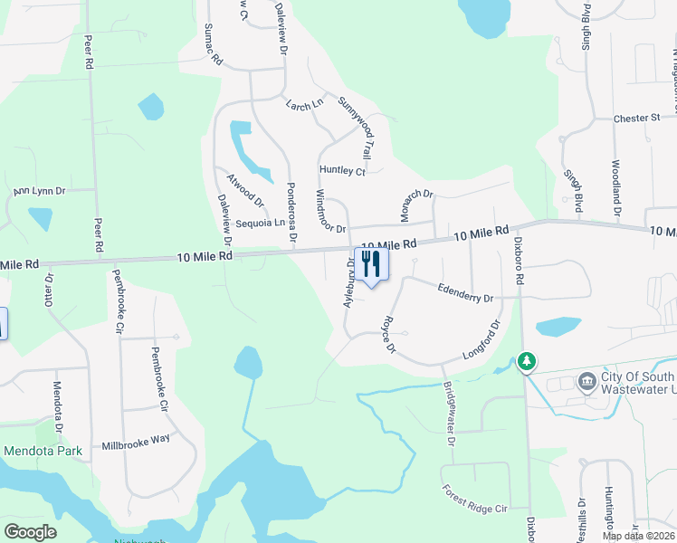 map of restaurants, bars, coffee shops, grocery stores, and more near 10063 Aylebury Drive in South Lyon