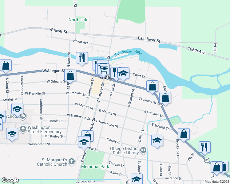 map of restaurants, bars, coffee shops, grocery stores, and more near 214 E Orleans St in Otsego