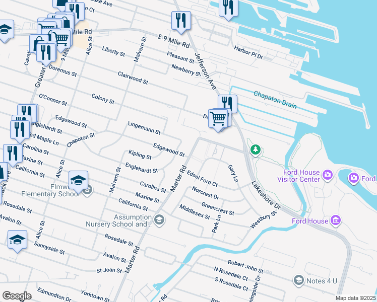 map of restaurants, bars, coffee shops, grocery stores, and more near 22953 Marter Road in Saint Clair Shores