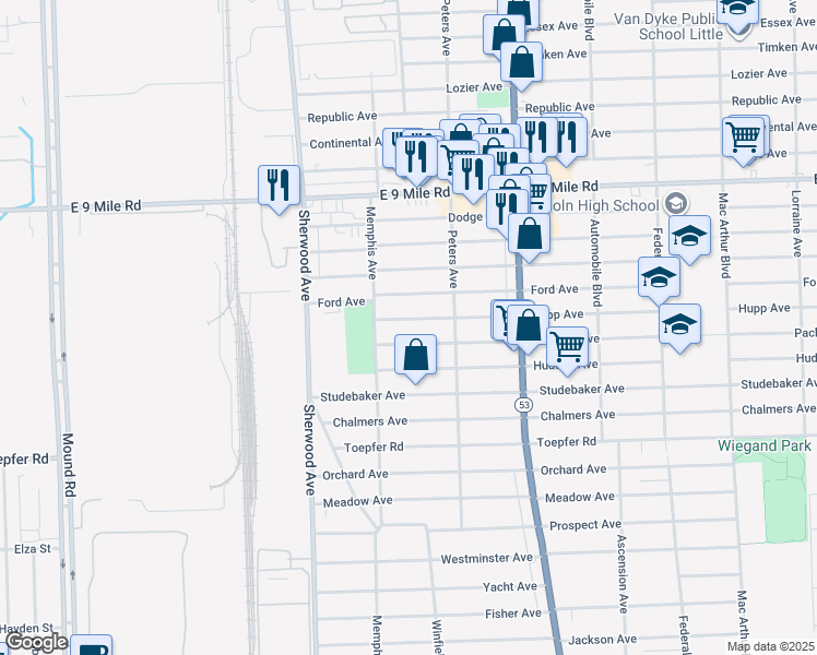 map of restaurants, bars, coffee shops, grocery stores, and more near 7060 Hupp Avenue in Warren