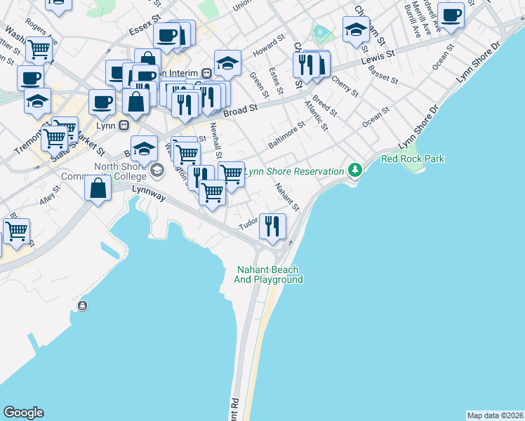 map of restaurants, bars, coffee shops, grocery stores, and more near 23 Tudor Street in Lynn