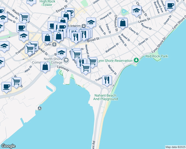 map of restaurants, bars, coffee shops, grocery stores, and more near 99 Newhall Street in Lynn