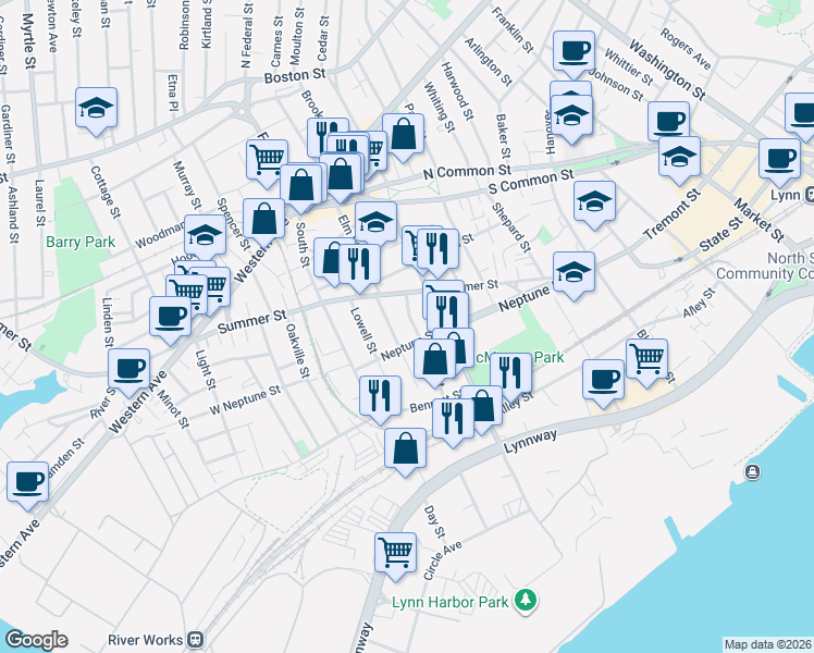 map of restaurants, bars, coffee shops, grocery stores, and more near 32 South Elm Street in Lynn