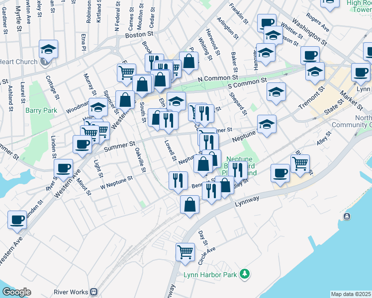 map of restaurants, bars, coffee shops, grocery stores, and more near 32 South Elm Street in Lynn